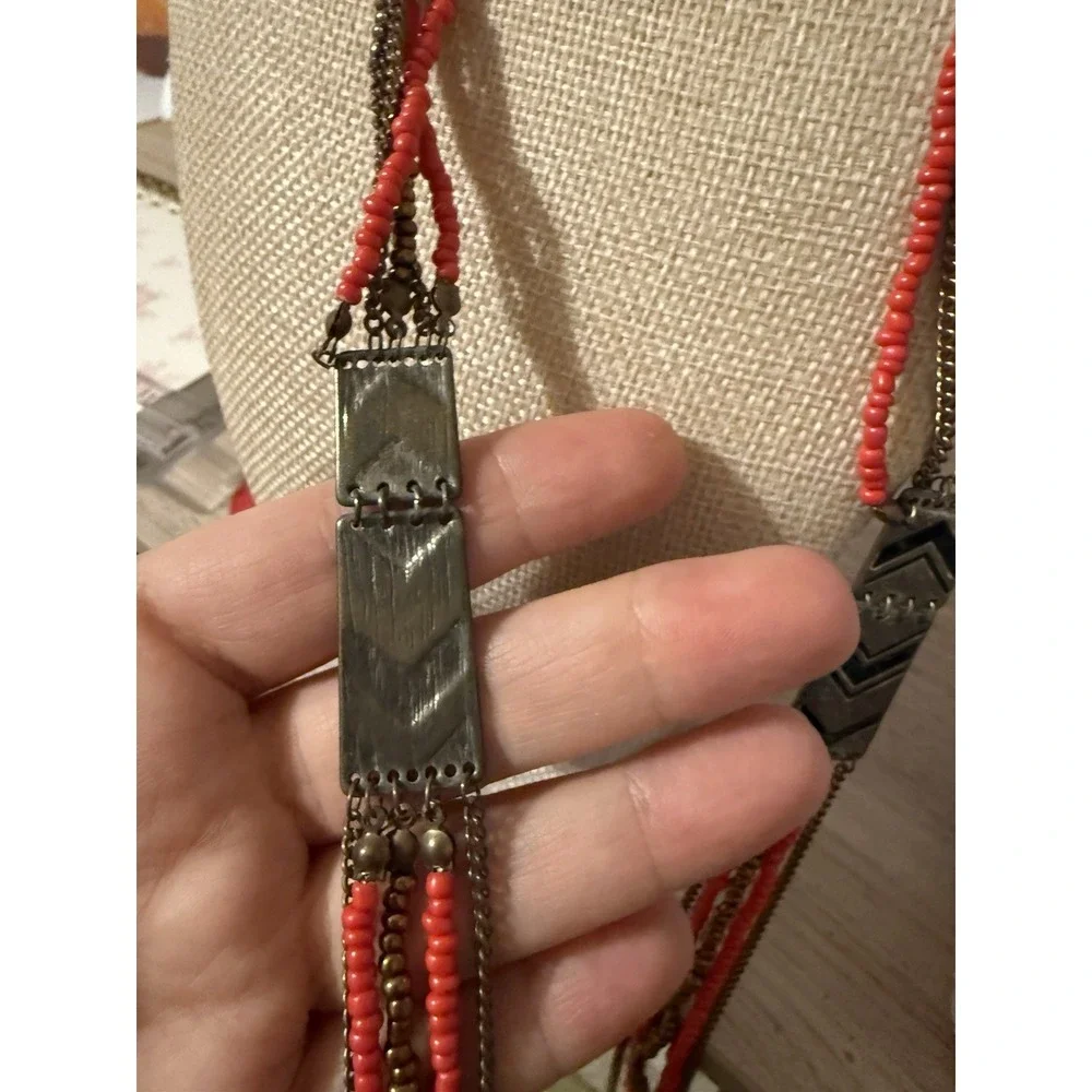 Boho Multi Strand Red Seed Bead & Brass Chain Chevron Statement Necklace 28
